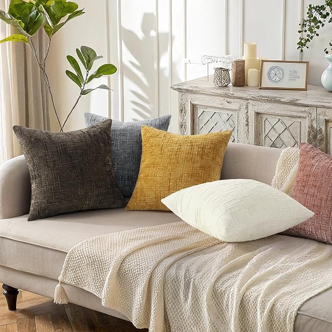 decorUhome Spring Pink Chenille Throw Pillow Covers 16x16 Set of 2 Textured Soft Cozy Slubby Couch Pillow Covers Modern Farmhouse Boho Decorative Pillow Cases for Bed Sofa Living Room Valentines