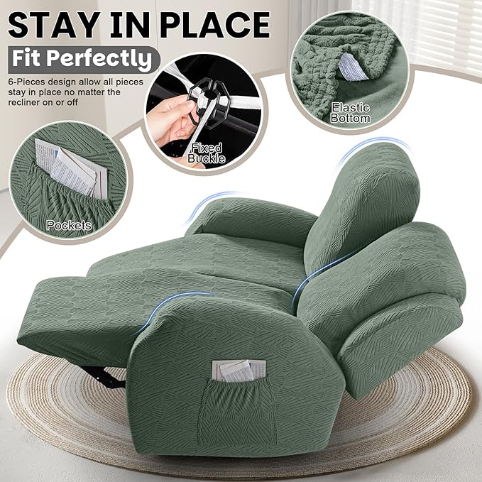 VANSOFY Recliner Loveseat Cover, 6-Pieces Stretch Dual Recliner Sofa Cover Soft Jacquard Reclining Couch Slipcover Furniture Protector with Elastic Bottom for Kid, Pets(2 Seat,Bean Green)
