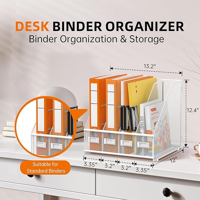 DALTACK Desk Organizers Metal Magazine File Holder with 4 Vertical Compartments Folder Storage Binder Organizer for Office Home School Organization, White