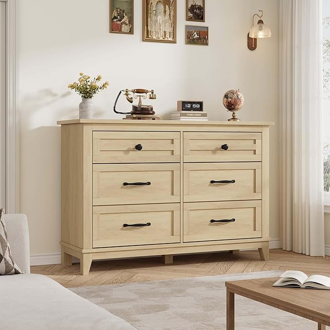GarveeHome 6 Dresser for Bedroom, 47 in Wide Drawer Dresser with Storage Freestanding, Wooden Closet Storage Chest for Living Room, Bedroom, Entryway, Natural Oak