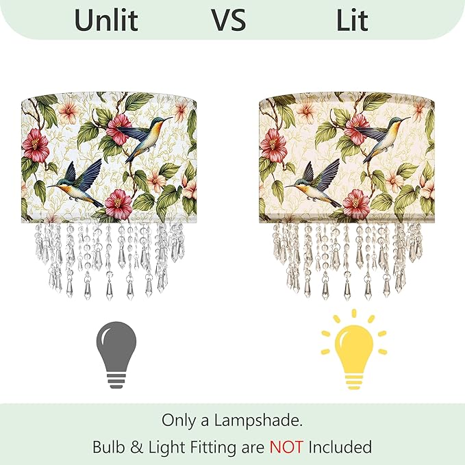 Hummingbird Floral Lamp Shade with Acrylic Bead Droplets, Spring Humming Bird Flower Fabric Light Shade for Pendant Table & Floor Lamps, Memorial Gift for Bird Lover, 11.8in