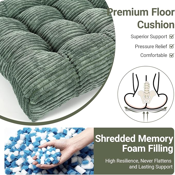 Meditation Floor Pillow Set of 2,Memory Foam Meditation Cushion for Adults Sitting, Large Square Thickened Seat Cushions for Yoga, Tatami Living Room (2, Dark Green)