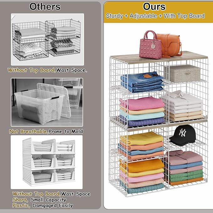 2 Pack Closet Shelf Organizer, Closet Organizers and Storage Shelves With Adjustable Dividers, Stackable Storage Bins Baskets For Clothes Sweaters Jeans Jackets, With Wooden Board, 8 Compartments