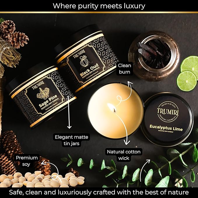 Candle Gift Set of 3 Black Oud|Sage Pine|Eucalyptus Lime Strong Scented Soy Candels Clean Non Toxic Velas Aromáticas Favors for Women Coworkers Friends Guests Also for Fall Diwali Christmas Holidays