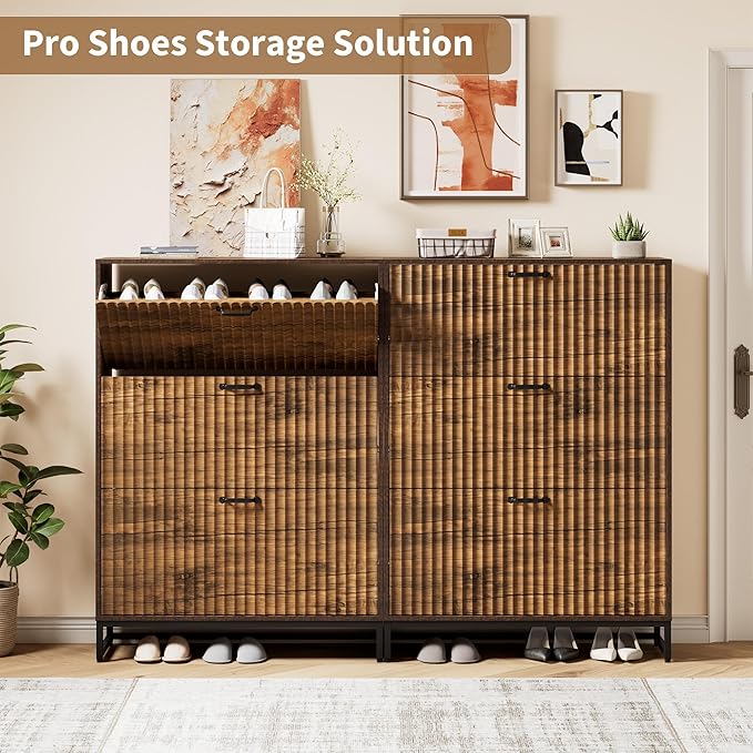 Nicetree Shoe Cabinet, Narrow Shoe Organizer with 3 Flip Drawers, Fluted Accent Shoe Rack Cabinet, Shoe Cabinet with 3-Tier Adjustable Shelves