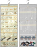 GMAK Hanging Jewelry Organizer with Hanger Metal Hooks, Double-Sided Jewelry Holder Accessories Organizer Storage Roll for Jewelry, Earrings, Bracelets, Necklaces, Rings - Light Grey