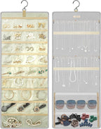 GMAK Hanging Jewelry Organizer with Hanger Metal Hooks, Double-Sided Jewelry Holder Accessories Organizer Storage Roll for Jewelry, Earrings, Bracelets, Necklaces, Rings - Light Grey