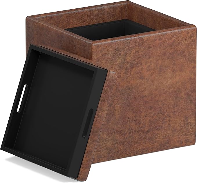 SIMPLIHOME Rockwood Cube Storage Ottoman with Tray - 17 inch Wide Upholstered Vegan Leather Square Storage Ottoman in Distressed Saddle Brown, Contemporary Cube Ottoman for Living Room with Tray