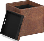 SIMPLIHOME Rockwood Cube Storage Ottoman with Tray - 17 inch Wide Upholstered Vegan Leather Square Storage Ottoman in Distressed Saddle Brown, Contemporary Cube Ottoman for Living Room with Tray