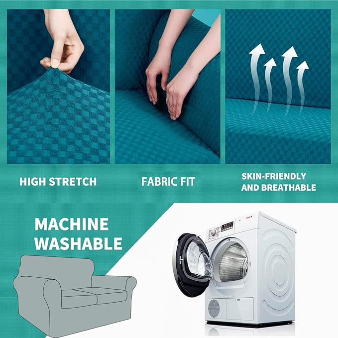 YEMYHOM Latest Checkered 3 Pieces Couch Covers for 2 Cushion Couch High Stretch Thickened Love Seat Sofa Cover for Dogs Pets Anti Slip Elastic Loveseat Slipcover Protector (Teal), 55"-69"(2 Cushions)