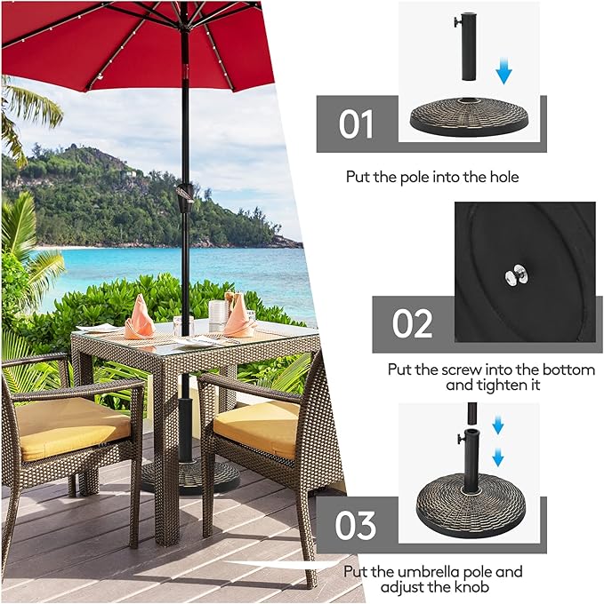 Tangkula 27 lbs Round Resin Patio Umbrella Base, Heavy-Duty Outdoor Umbrella Stand W/Adjustable Knob, All-Weather Resistance, Rattan Design, Suitable for Poolside, Yard, Street, Easy Assembly