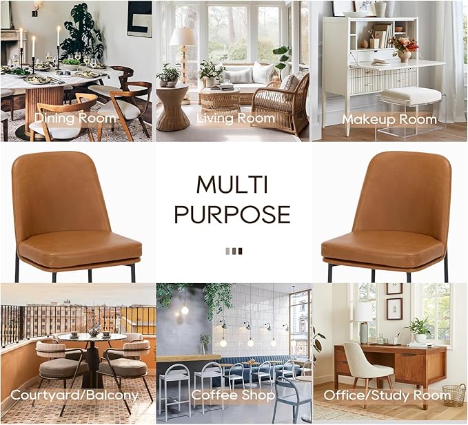 COLAMY Dining Chairs Set of 2, Modern Dining Chair, Leather Upholstered Dining Chairs, Kitchen Chairs with Curved Back and Metal Legs for Dining Room Kitchen Restaurant, Brown