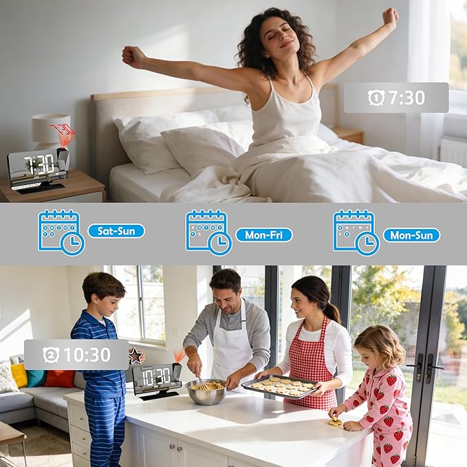 Amgico Projection Alarm Clock,Digital Clock with Projection,7.3" Mirror Clock with 180°Rotating Projector,Dual Alarm with 3 Mode,Bright Adjust,DST,Snooze,Charging Port,5 Levels Volume for Desk Teens