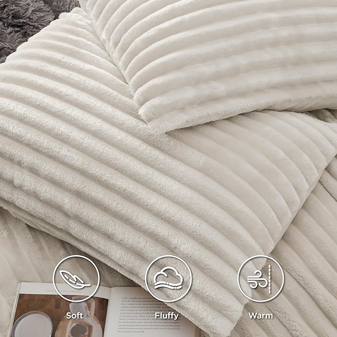 Bedsure Fluffy Duvet Cover Set - Ultra Soft Plush Shaggy Comforter Cover King Size, Warm Flannel Fleece Bed Sets for Winter, 3 Pieces (Striped Pattern, Linen)