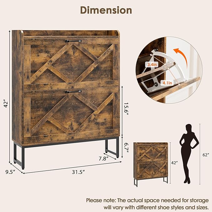 Nicetree Shoe Cabinet Organizer with 2 Flip Drawers, Freestanding Narrow Rack with Metal Legs, Farmhouse Slim Shoe Storage for Entryway, Foyer, Hallway, Rustic Brown