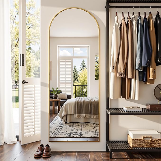 Full Length Mirror, 59"x19" Arched Full Body Mirror, Oversized Floor Mirrors, Leaning Free Standing Mirrors, Hanging Mounted Large Mirrors for Bedroom Dressing Room, Cloakroom, Gold
