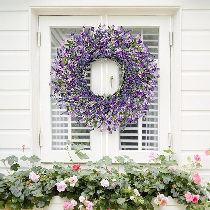 26 Inch Lavender Wreath Summer Spring Wreaths for Front Door Wreaths for Front Door for Wedding Farmhouse (Purple Lavender)
