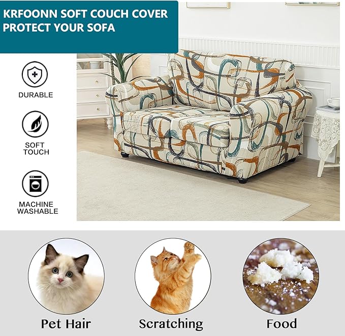 KRFOONN 3 Piece Printed Couch Cover for 2 Cushion Couch Stretch Sofa Loveseat Slipcover with 2 Separate Seat Cushion Covers Furniture Protector with Elastic Bottom for Living Room (Loveseat, 52)