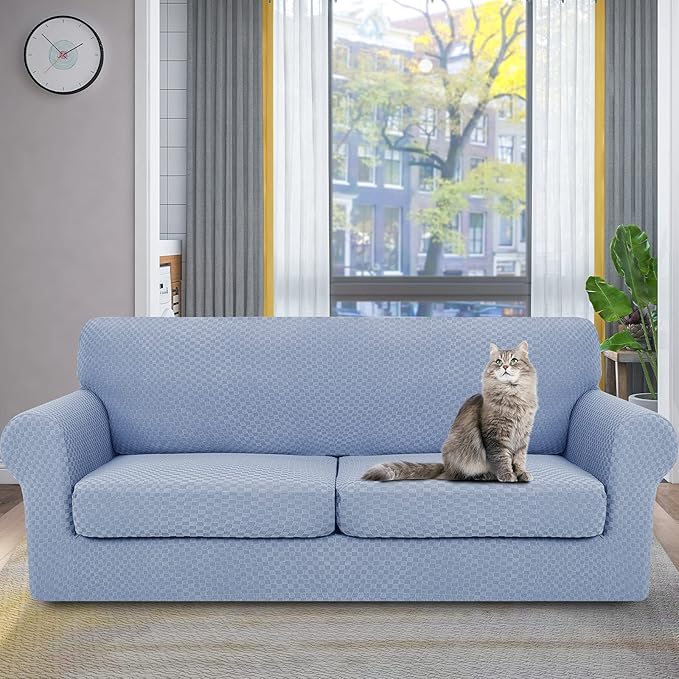 YEMYHOM Latest Checkered 3 Pieces Couch Covers for 2 Cushion Couch High Stretch Sofa Cover with 2 Extra Large Seat Cushion Covers Anti Slip Elastic Slipcovers (Light Blue), 71"-91"(2 Cushions)