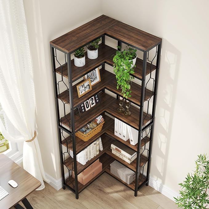 Tribesigns Corner Shelf, 7-Tier Industrial Corner Bookshelf, Wood and Metal Etagere Bookcase, Freestanding Display Shelf for Living Room, Kitchen, Home Office, Rustic Brown | Corner Bookshelf, Etagere Bookcase, Display Shelf, Living Room, Kitchen, Home...