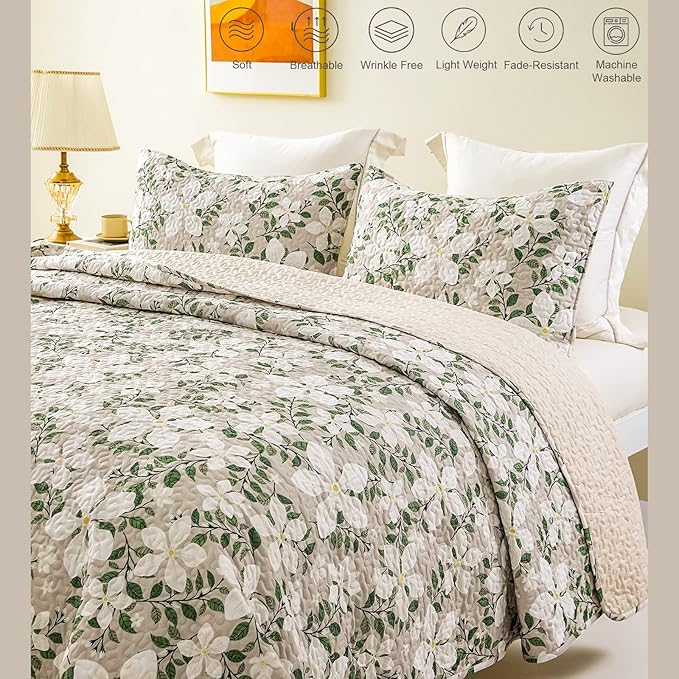 Whale Flotilla Reversible Printed Quilts Queen Size, Extra Soft Boho Floral Leaf Bedspreads for Bed Lightweight Full Queen Quilt Bedding Set Coverlets with 2 Pillow Shams for All Seasons, White Bone