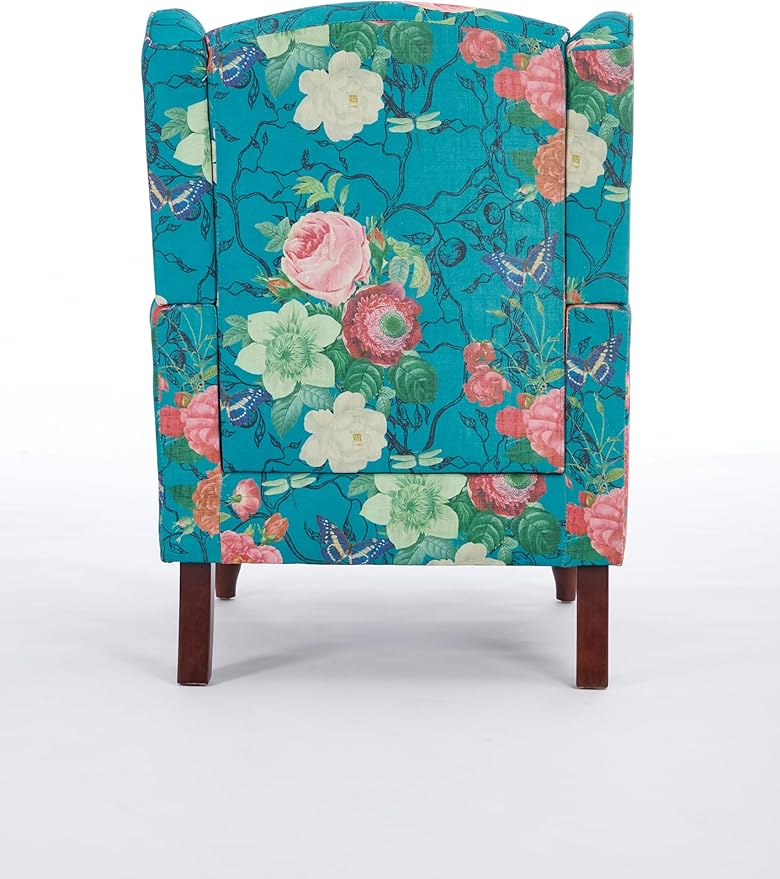 KEIKI Floral Accent Chair for Living Room - Stylish Vintage Elegance with Retro Wood Legs, Upholstered Armchair for Modern Comfort