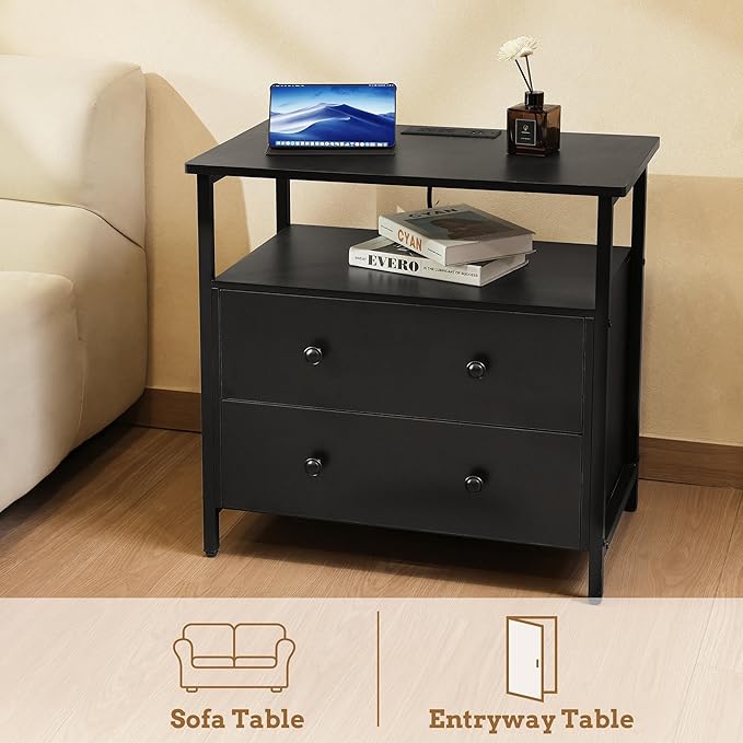 27 inch Wide Night Stand with Charging Station, Bedside Table with Open Shelf, 2 Drawers Small Wood Dresser, Modern Wood Nightstand for Bedroom/Living Room (Black)