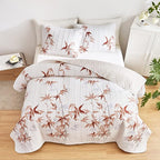 Botanical Quilt Set 3 Pieces King, Burnt Orange Leaves on White Design Reversible Bedspread Coverlet Set, Soft Microfiber Lightweight Bed Cover for All Season (102" x 90", 1 Quilt+ 2 Pillow Shams)