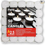 PAMI Premium 50 Pack Long-Lasting Tealight Candles - Unscented with 2.5 Hours Burning Time- Paraffin Tealights with Beautiful Flame- Round Candles Perfect for Votive Candle Holders
