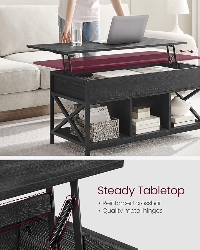 VASAGLE Lift Top Coffee Table, Lift Coffee Table with Storage Shelf, Hidden Compartments and Lifting Top, for Living Room, Office, 19.7 x 39.4 x (19.3-24.4) Inches, Black with Wood Grain ULCT202B22