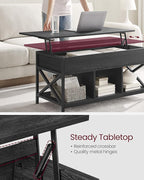 VASAGLE Lift Top Coffee Table, Lift Coffee Table with Storage Shelf, Hidden Compartments and Lifting Top, for Living Room, Office, 19.7 x 39.4 x (19.3-24.4) Inches, Black with Wood Grain ULCT202B22