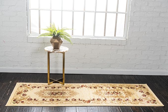 Rugs.com Chateau Collection Rug – 10 Ft Runner Cream Medium Rug Perfect for Hallways, Entryways