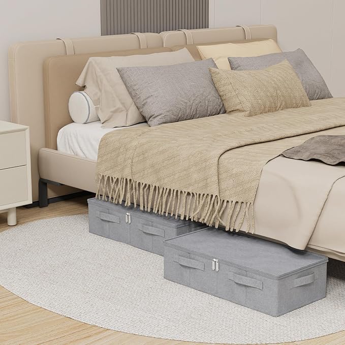 Underbed Storage Box, Foldable Bed Sheet Organizer, Cube Bags Container with Lid for Organizing Clothes, Blankets, Comforter, 23.6x11.8x5.9in, Grey, 2 Pack