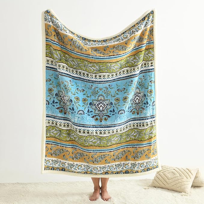 Boho Chic Sherpa Throw Blanket - Vibrant Bohemian Print & Ultra-Soft Cozy Lining, Stylish & Warm Winter Throw for Couch, Bed, or Décor