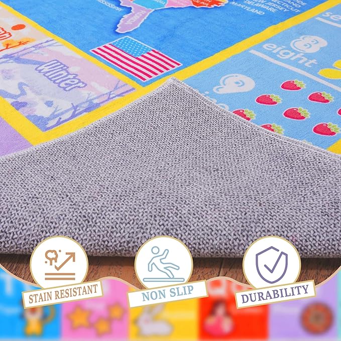 Kids Rugs for Playroom - Soft & Non-Slip 4x5 Feet Educational Rug for Learning ABC Alphabet, Numbers, Shapes & Map, Washable Classroom Rug for Toddler Nursery & Kids Room Decor