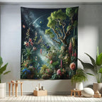 Ambesonne Aesthetic Tapestry Twin Size, Exotic Forest of Twilight with Trees Bushes and Flowers Falling Stars, Wall Hanging Bedspread Bed Cover Wall Decor, 68" X 88", Green Dark Night Blue
