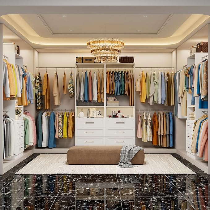 Closet System, 4FT-8FT-9FT Closet Organizer With Drawers Wooden, Walk in Closet System with 5pcs Hanging Rods and Shelves Storage, Closet Built in System Wardrobe Organizer, White