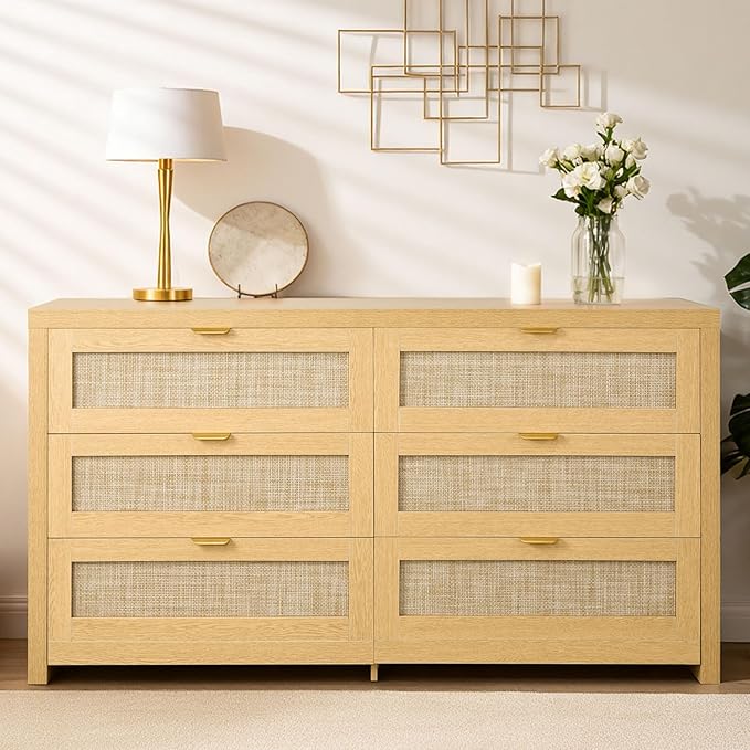 VEVOR Large Boho Dresser for Bedroom, 57" Wide Rattan Dresser 6 Drawer with Ample Storage, Modern Wooden Chest of Drawers Closet TV Stand Dressers for Living Room, Natural Oak
