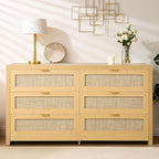 VEVOR Large Boho Dresser for Bedroom, 57" Wide Rattan Dresser 6 Drawer with Ample Storage, Modern Wooden Chest of Drawers Closet TV Stand Dressers for Living Room, Natural Oak