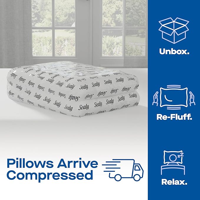 SEALY Perfect Temp Bed Pillows, Plush 100% Cotton Cover, Soft, Breathable, Temperature Balancing, Moisture Wicking, Hypoallergenic EverFluff Fiberfill, Machine Washable, King, White- 2 Pack