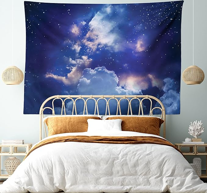 Ambesonne Space Tapestry King Size, Magic Sky View with Star and Clouds Celestial Colorful World Cosmic Expanse Theme, Wall Hanging Bedspread Bed Cover Wall Decor, 104" X 88", White and Blue