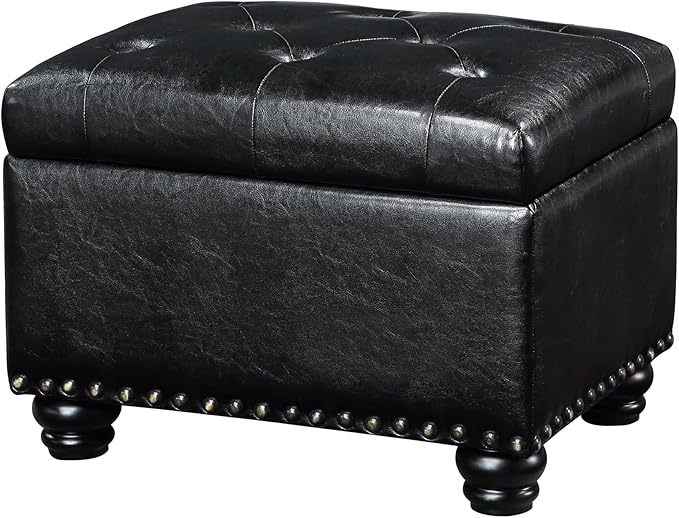 Convenience Concepts Designs4Comfort 5th Avenue Upholstered Storage Ottoman 24" - Contemporary Foot Stool and Seat with Hinged Lid for Living Room, Dining Room, Office, Den, Black Faux Leather