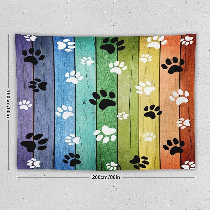 VUMIVI Dog Paw Tapestry Vintage Rustic Colorful Barn Boards Black White Animal Footprints Tapestry Wall Hanging for Living Room Bedroom Dorm Classroom Aesthetic Decor W80xL60in