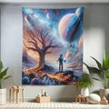 Ambesonne Space Tapestry Twin Size, Lonely Astronaut in a Surreal Planet Pastel Celestial Forms Dried Tree, Wall Hanging Bedspread Bed Cover Wall Decor, 68" X 88", Blue Pale Orange Mauve