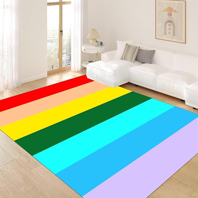 Soft Rainbow Area Rugs Girl's Bedroom Fluffy Colorful Rugs Furry Kids Play Mats Simple Rainbow Line Print Living Room Kids Room Nursery Home Decor 6x8ft