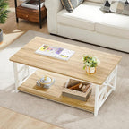 GreenForest Coffee Table with Round Corner, Farmhouse Center Table with 2-Tier Storage Shelf X-Frame Design for Living Room, 39 inch Oak