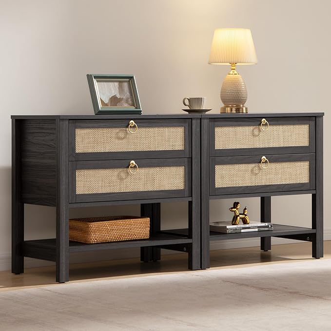 SICOTAS Nightstands Set of 2 for Bedroom, Bedside Tables with Drawer & Open Shelf, Modern Boho Nightstand Set for Master Bedroom