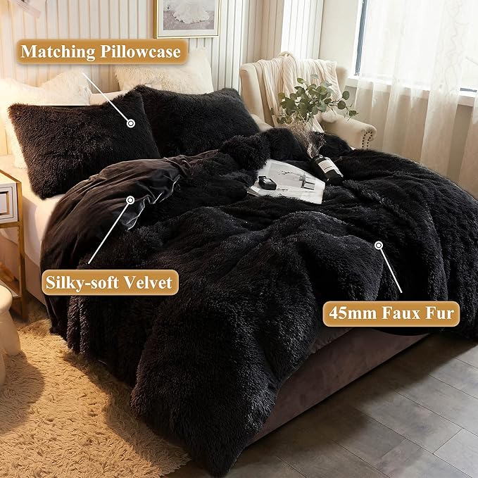 XeGe Plush Shaggy Duvet Cover Set, Luxury Ultra Soft Crystal Velvet Fluffy Bedding Sets 2 Pieces(1 Faux Fur Furry Comforter Cover + 1 Fuzzy Faux Fur Pillow Case), Zipper Closure (Twin, Black)