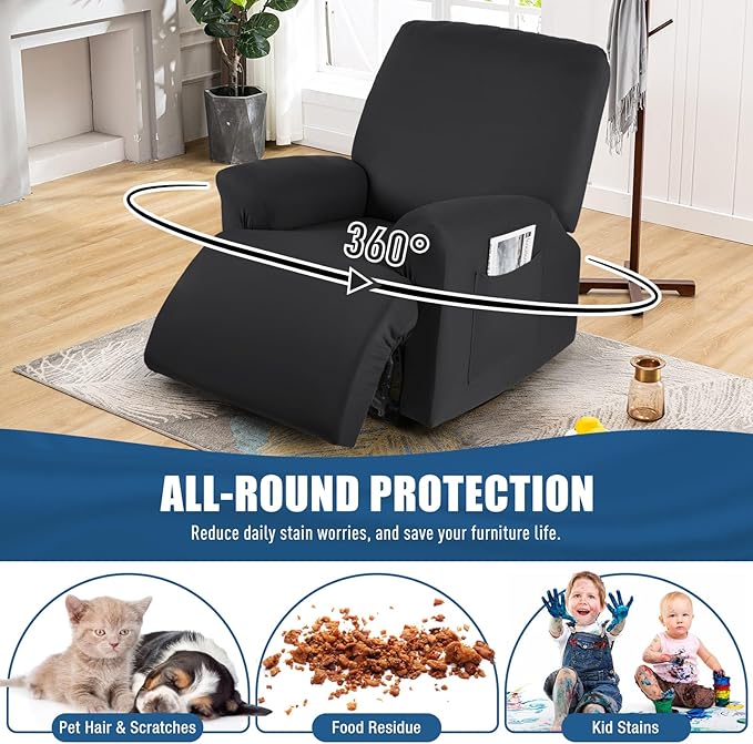 TAOCOCO Oversized Recliner Chair Covers 4-Pieces, Stretch Recliner Cover for Large Recliner Washable Reclining Chair Cover Polyester Soft Fabric Furniture Protector (Oversized Recliner, Black)