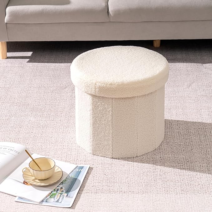 PINPLUS Round Storage Ottoman Cube Footrest - Versatile Boucle & Faux Teddy Fur Stool with Hidden Compartment for Living Room, Dorm, Bedroom White, 15"x15"x13.2"